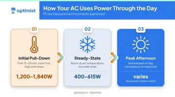 Three-point home AC wattage measurement process pull-down steady-state peak afternoon