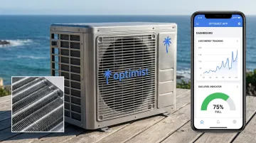 Optimist coastal AC unit showing corrosion-resistant alloy build and smart app