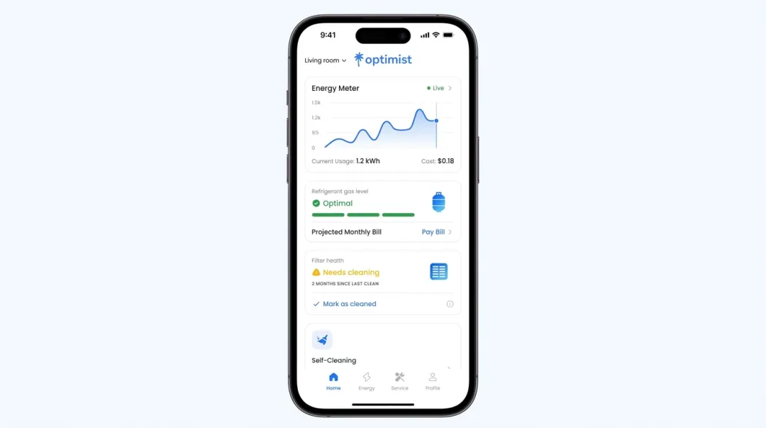 Optimist AC app interface showing live gas level energy meter and filter health tracking