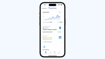 Optimist AC app interface showing live gas level energy meter and filter health tracking