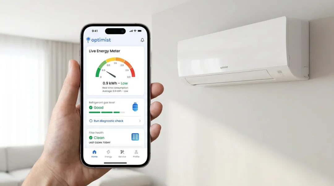 Optimist AC app dashboard showing energy usage gas level and filter health monitoring
