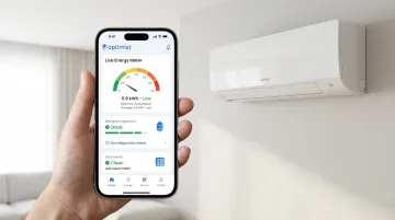 Optimist AC app dashboard showing energy usage gas level and filter health monitoring