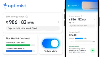 Optimist AC mobile app dashboard showing energy meter and gas level indicator