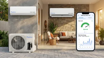 Optimist inverter split AC unit with gas level indicator and energy tracking app interface