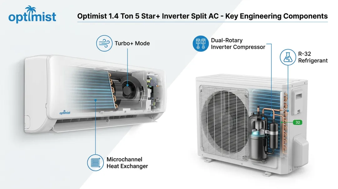 Optimist inverter split AC engineering features microchannel compressor and R-32 refrigerant diagram