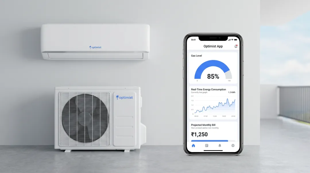 Optimist inverter AC unit with app interface showing gas level and energy tracking