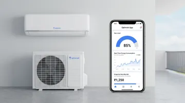 Optimist inverter AC unit with app interface showing gas level and energy tracking