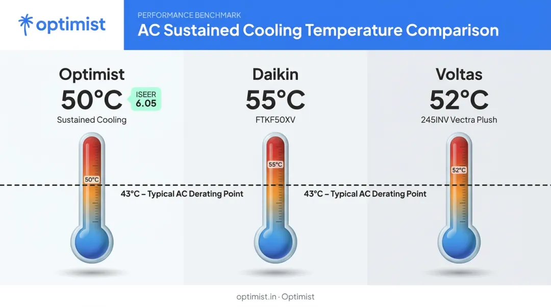 High-ambient cooling temperature comparison of Optimist Daikin and Voltas ACs