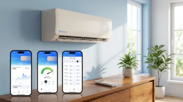 Optimist smart AC unit and app dashboard showing energy tracking features