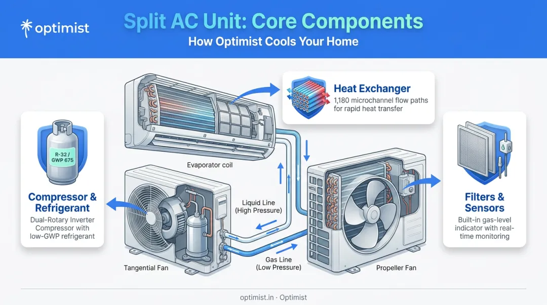 Air conditioner core components diagram showing compressor heat exchanger and filters