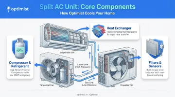 Air conditioner core components diagram showing compressor heat exchanger and filters