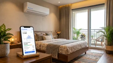Optimist AC indoor unit installed in modern bedroom with app interface displayed