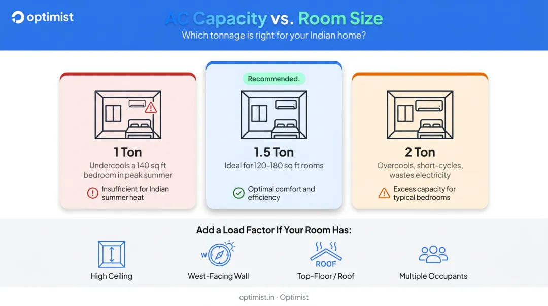 1.5-ton AC room sizing guide comparing one-ton two-ton and 1.5-ton coverage