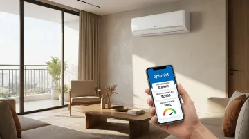 Optimist AC unit with app interface showing live energy meter and gas level indicator