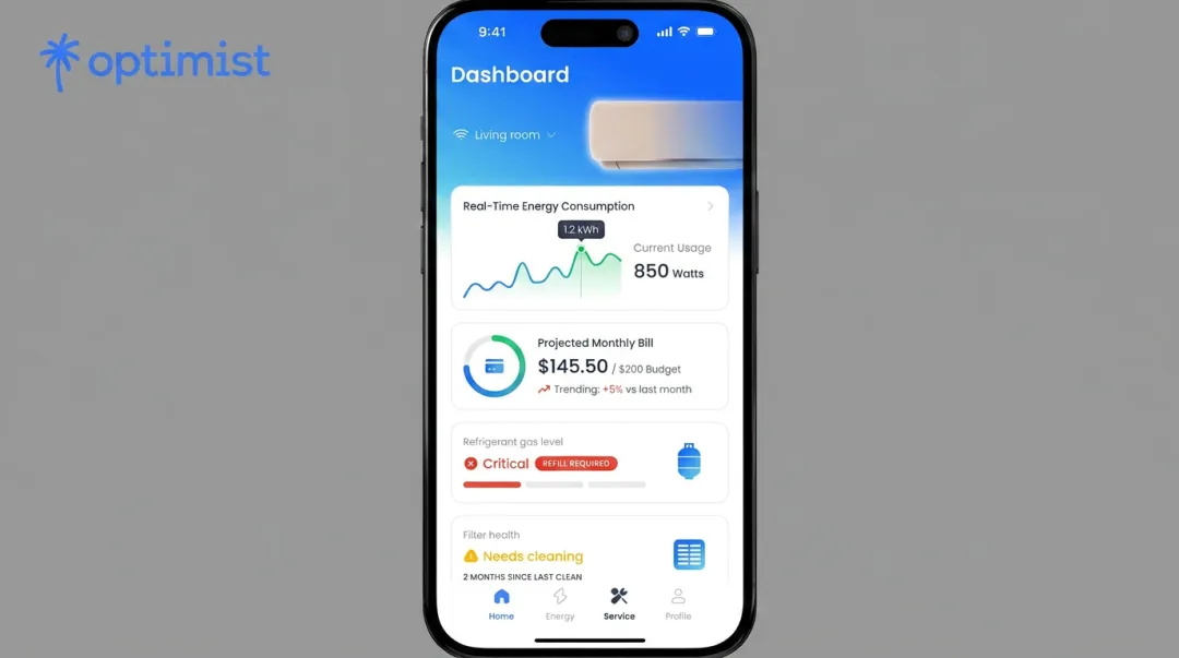 Optimist app dashboard showing energy tracking and filter health monitoring