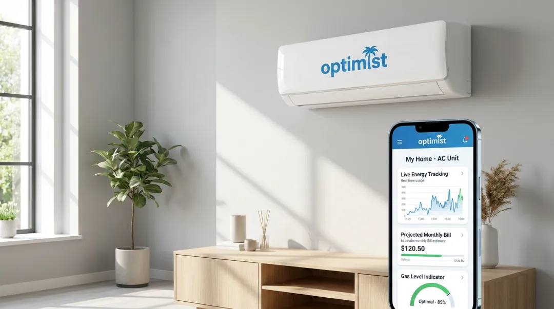 Optimist AC indoor unit and app interface displaying live energy and refrigerant data