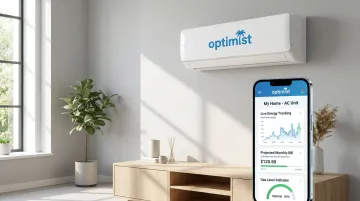 Optimist AC indoor unit and app interface displaying live energy and refrigerant data