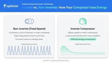 Inverter versus non-inverter AC compressor energy consumption comparison infographic