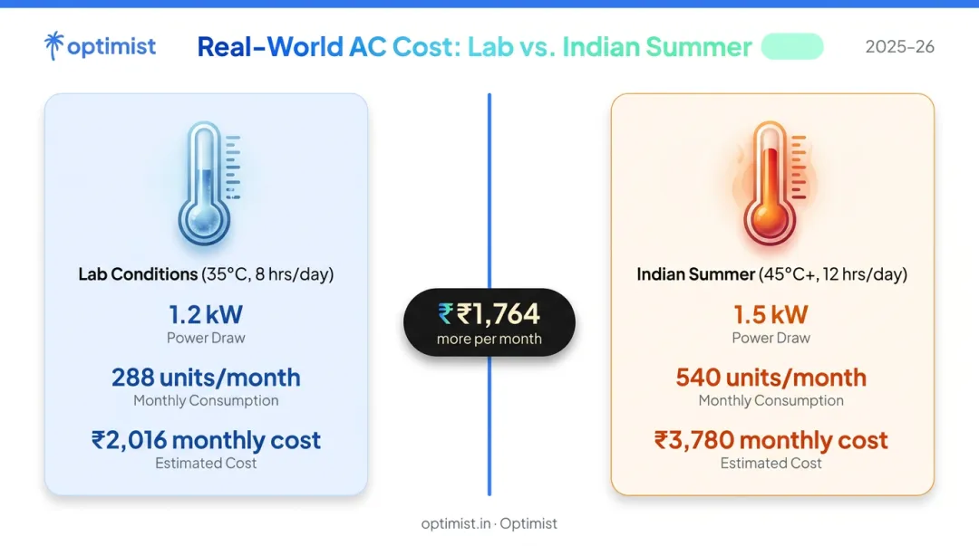 Lab conditions versus Indian summer AC electricity cost comparison showing monthly bill difference