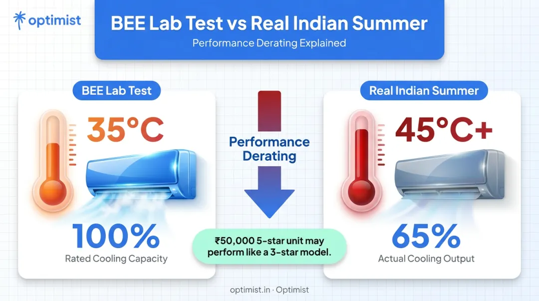 Inverter AC cooling capacity drop from 35°C lab test to 45°C heat