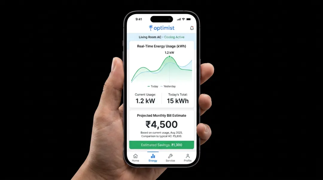 Optimist app dashboard displaying real-time energy usage and bill tracking