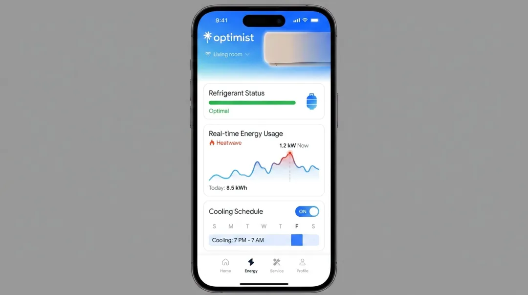 Optimist AC mobile app showing gas level indicator and smart energy tracking features