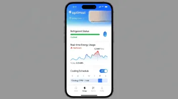Optimist AC mobile app showing gas level indicator and smart energy tracking features