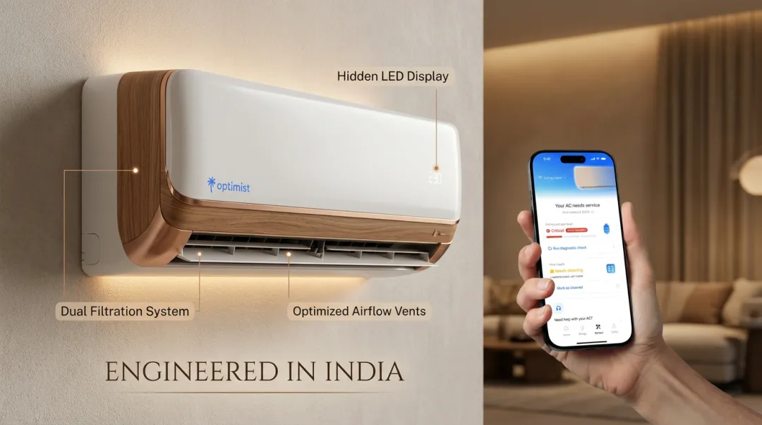 Optimist AC indoor unit with microchannel heat exchanger and app gas level indicator