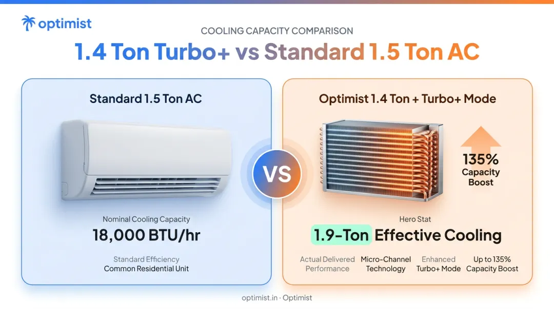 1.4 Ton AC Turbo+ mode boosting cooling capacity to 1.9 tons