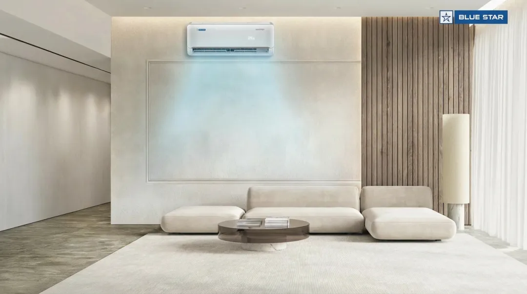 Blue Star residential split AC unit installed on interior wall in modern Indian home