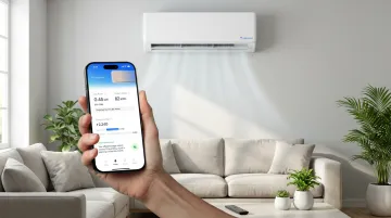 Optimist split AC indoor unit installed in room showing Turbo Plus mode and app energy tracking interface