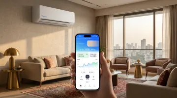 Optimist AC unit showing gas level indicator and app interface on smartphone