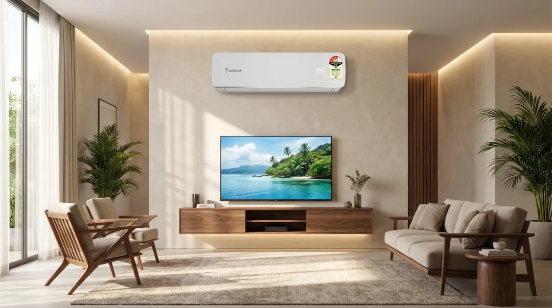 Optimist 1.4 ton inverter split AC unit installed in modern bedroom setting