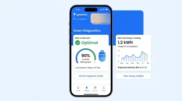 Optimist AC app interface showing gas level indicator and real-time energy tracking dashboard