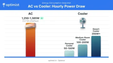 AC versus cooler power consumption comparison in watts per hour
