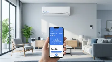Optimist inverter split AC indoor unit with app interface showing live energy tracking
