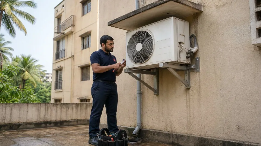 Voltas air conditioner service technician installing outdoor unit in Indian home