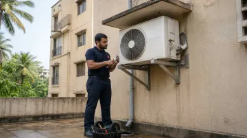 Voltas air conditioner service technician installing outdoor unit in Indian home