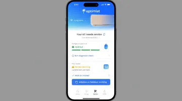 Optimist smart AC app showing filter health tracker and service booking screen