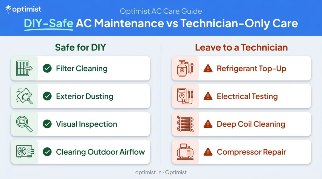 DIY safe tasks versus professional technician tasks comparison for split AC servicing