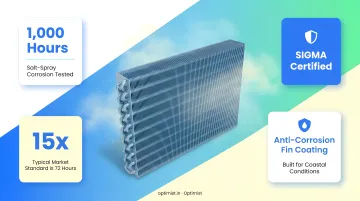 Split AC outdoor unit with anti-corrosion fin coating close-up in coastal environment