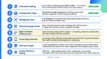 Eight-point coastal AC buyer checklist with corrosion rating and smart features