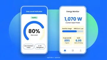 Optimist AC mobile app displaying gas level indicator and energy monitoring dashboard