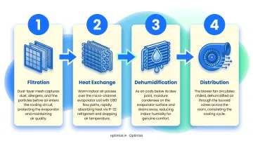 4-step split AC indoor unit cooling cycle filtration heat exchange dehumidification distribution