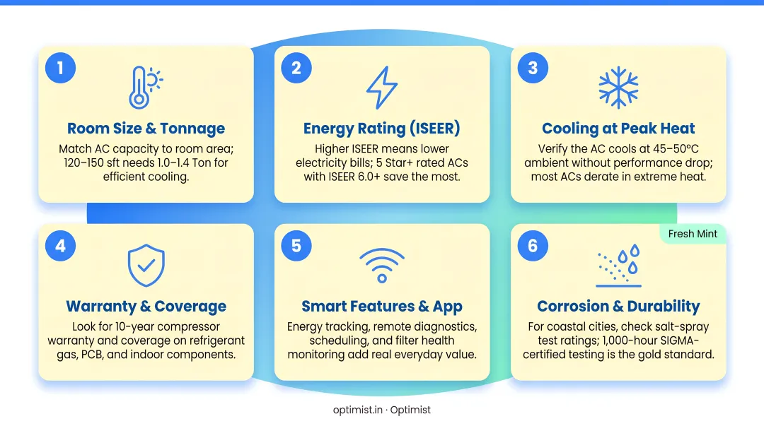 6-factor AC buying evaluation criteria checklist infographic for Indian homes