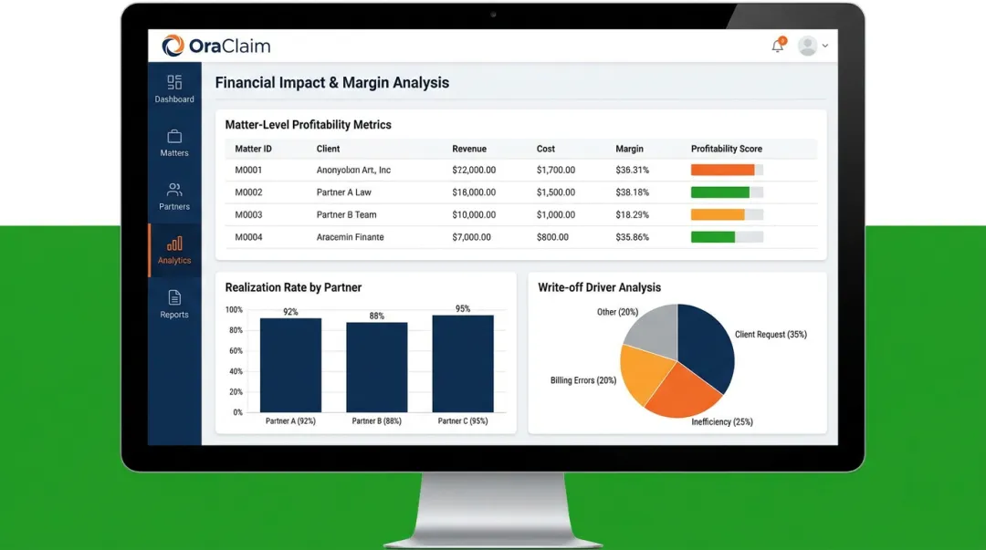 OraClaim financial impact dashboard displaying defense firm realization rate and margin metrics