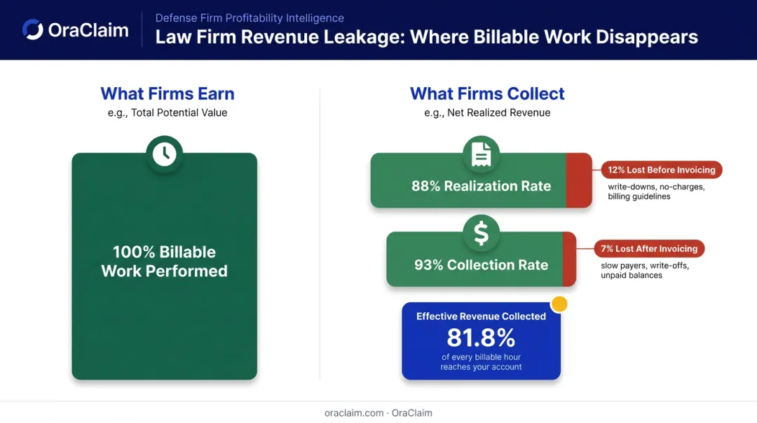 Law firm realization rate revenue leakage breakdown showing 88 percent billing capture gap