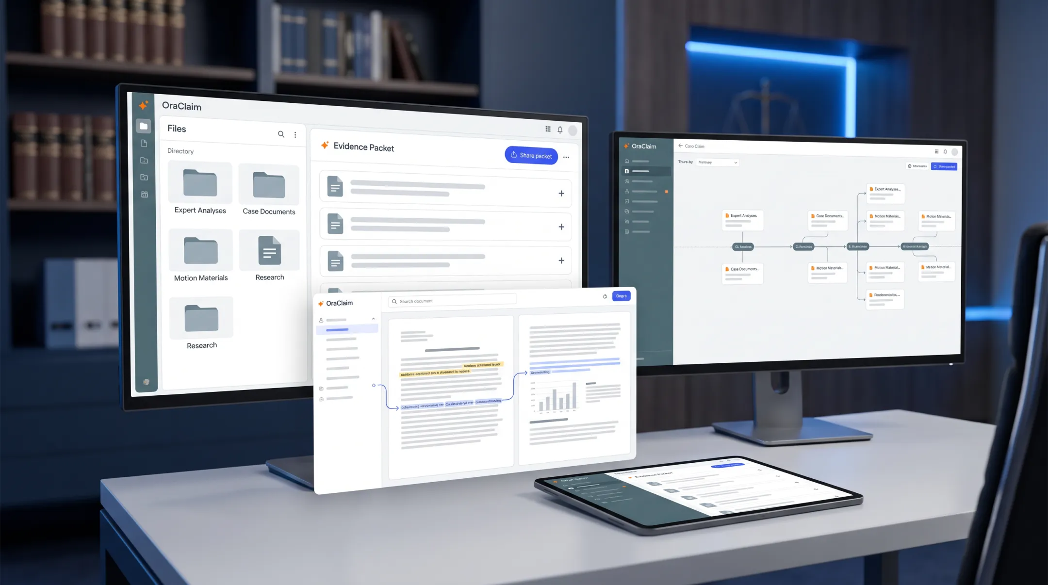 OraClaim legal document workspace organizing expert analysis and case files