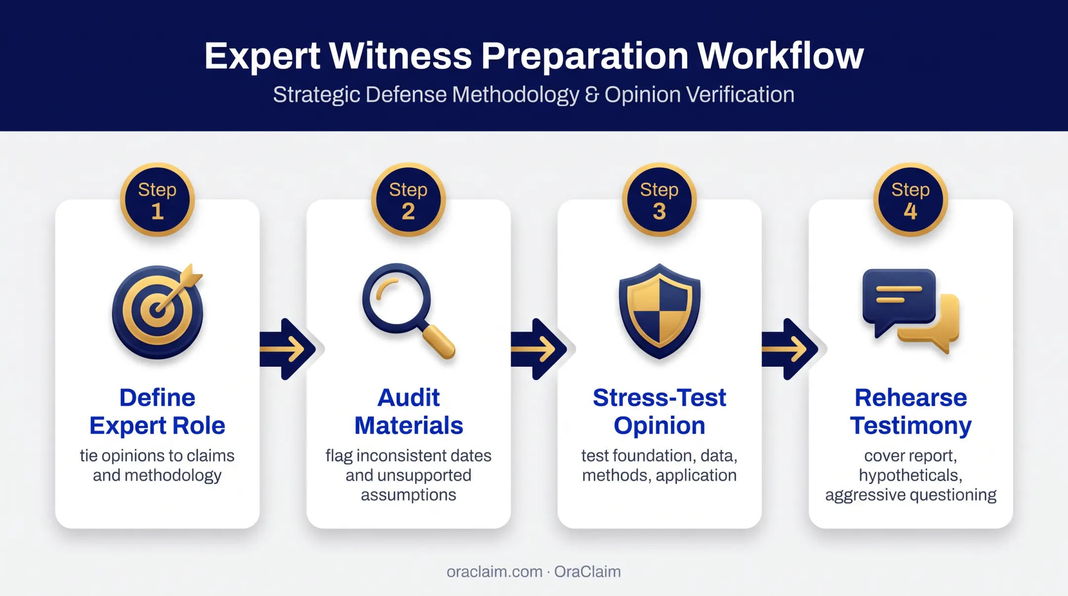 Four-stage expert deposition preparation workflow from role definition to rehearsal
