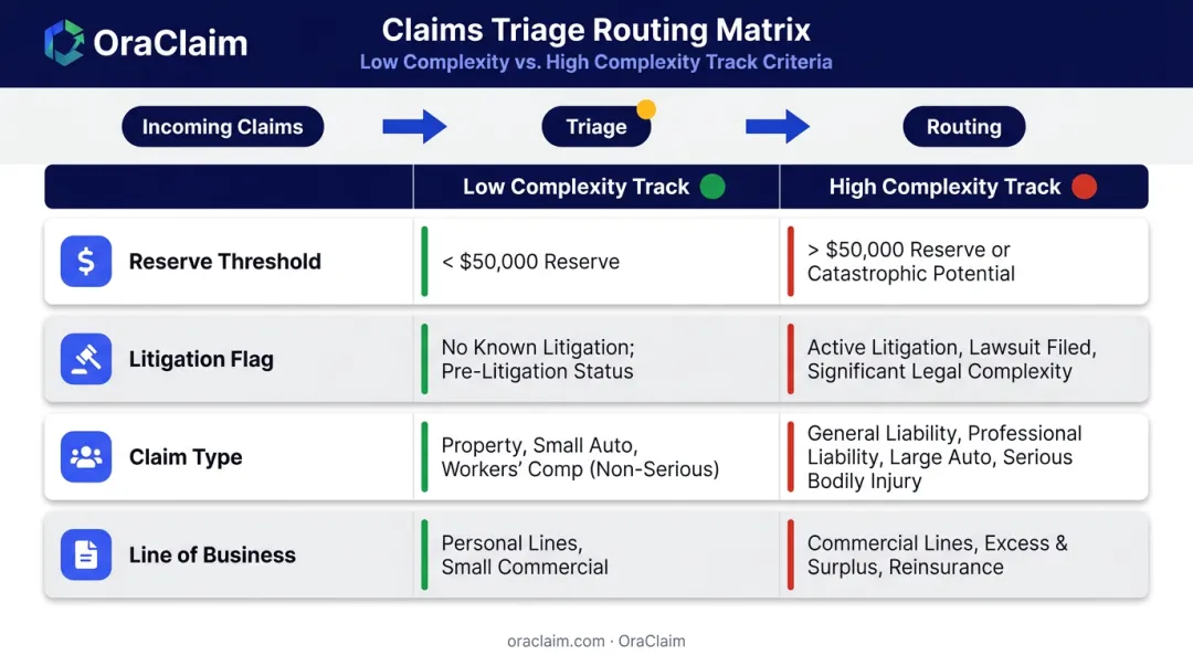 Claims triage matrix showing low versus high complexity routing tracks